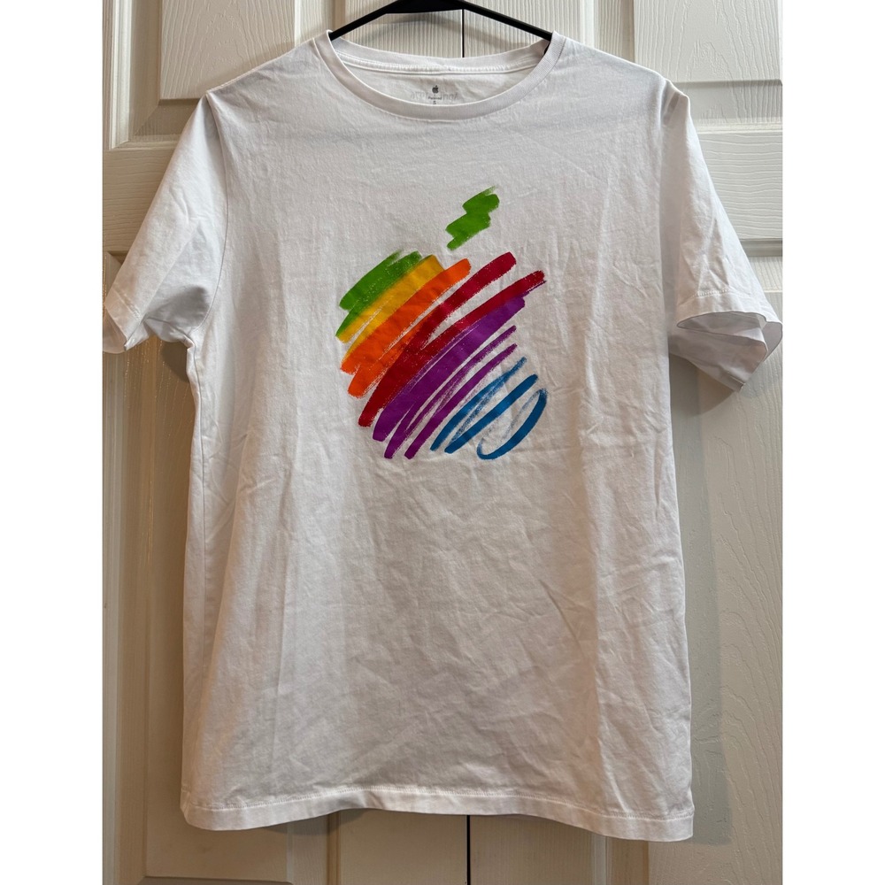 Apple 50th Anniversary Employee T Shirt Small White Rainbow Brush Logo 1976 2026